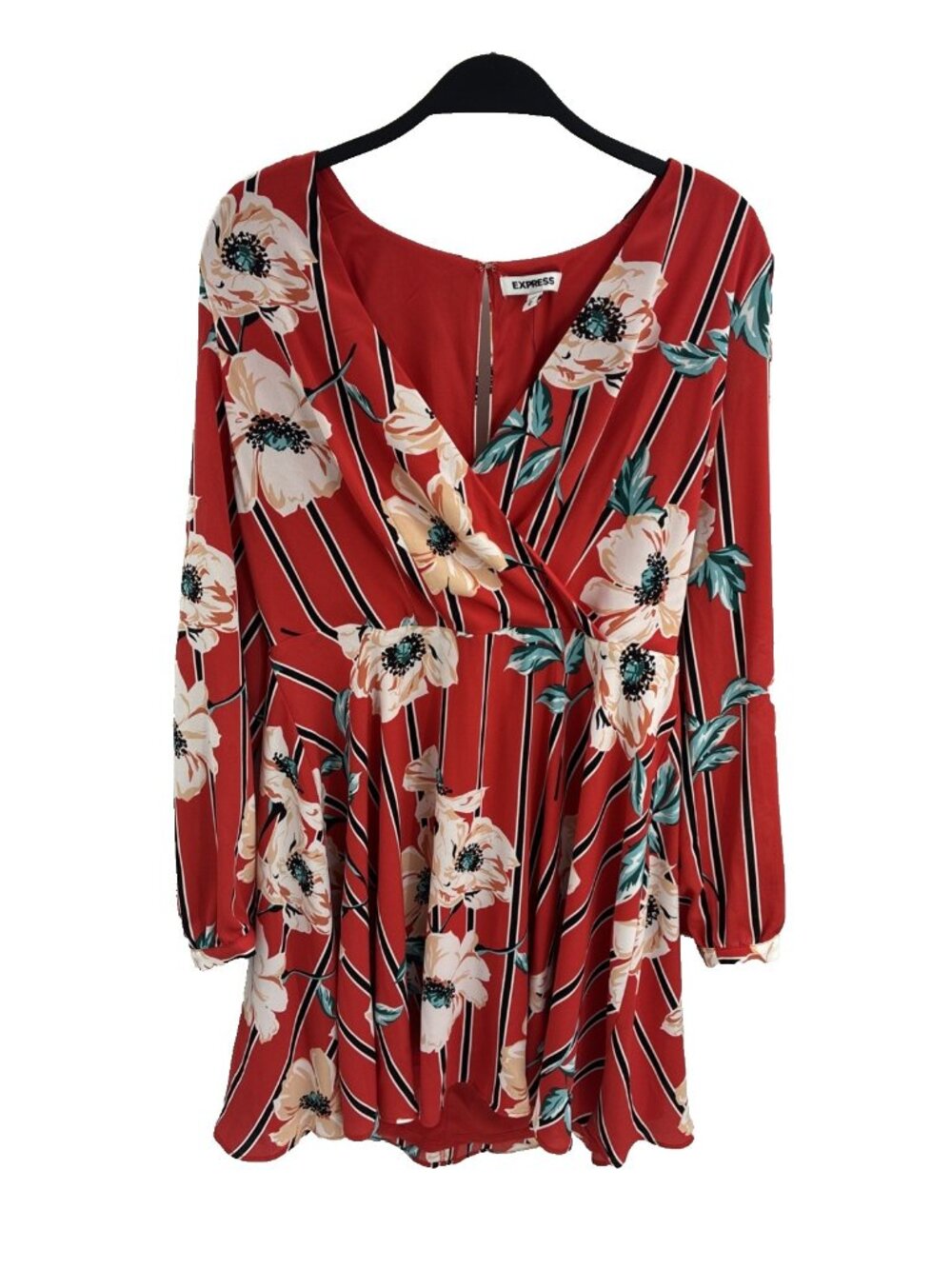 Express Womens M Floral Wrap Dress Red Long Sleeve Fit Flare New